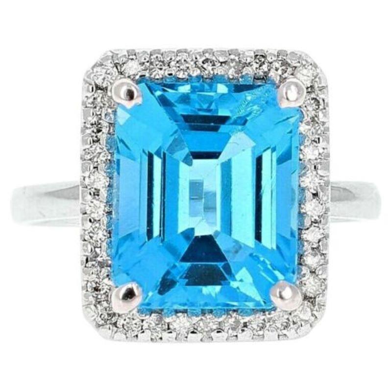 Mixed Cut 8.35 Ct Impressive Natural Swiss Blue Topaz & Diamond 14K Solid White Gold Ring For Sale
