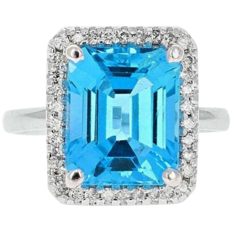 8.35 Ct Impressive Natural Swiss Blue Topaz & Diamond 14K Solid White Gold Ring