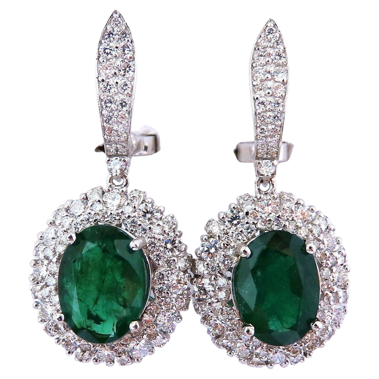 8.35ct Natural Oval Emeralds Diamond Dangle Earrings 18kt Halo Cluster