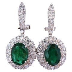 8.35ct Natural Oval Emeralds Diamond Dangle Earrings 18kt Halo Cluster