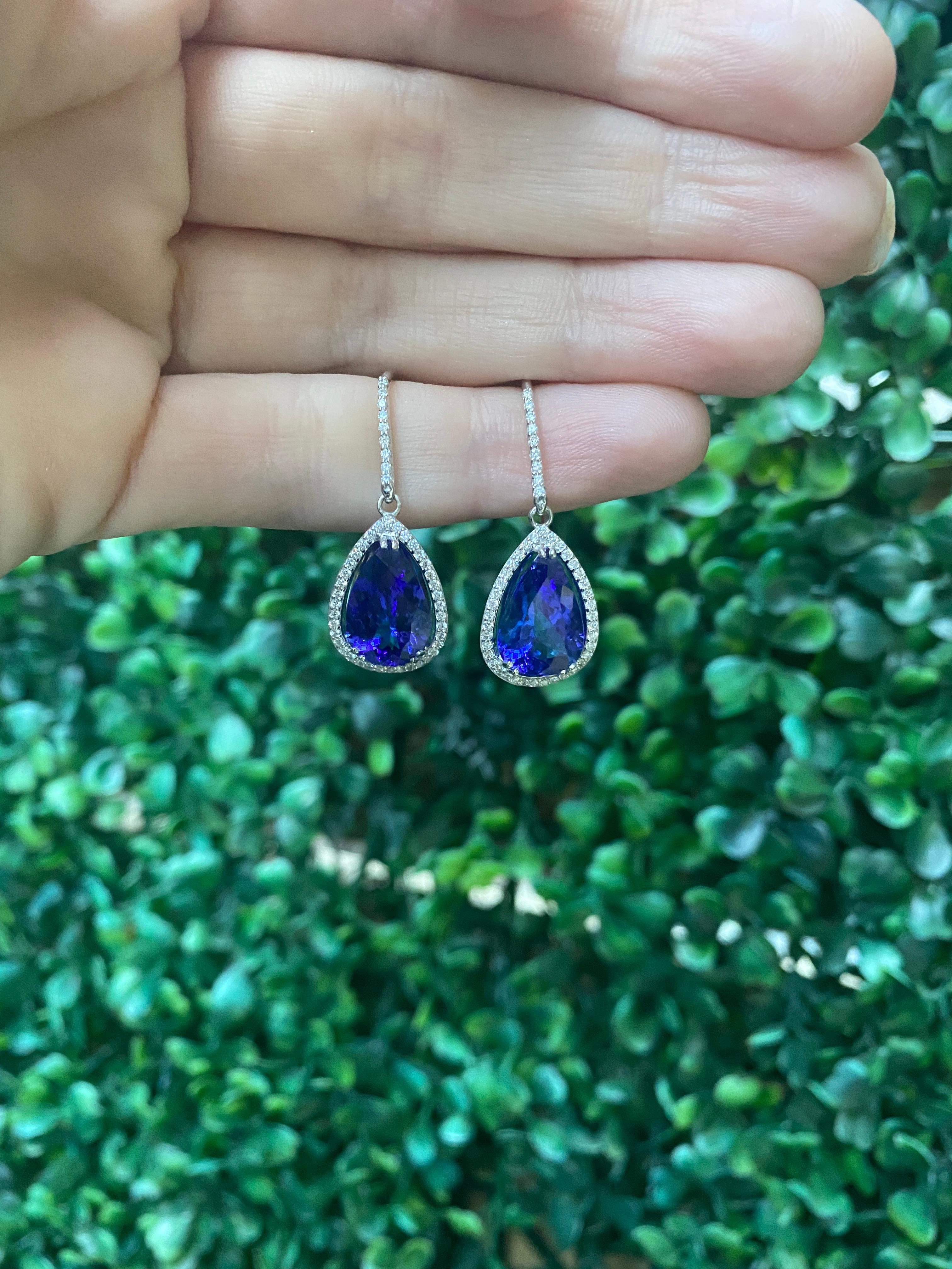 8.35ctw Rich Blue Pear Shaped Tanzanite Studs with 0.45ctw Round Diamonds In New Condition In Houston, TX