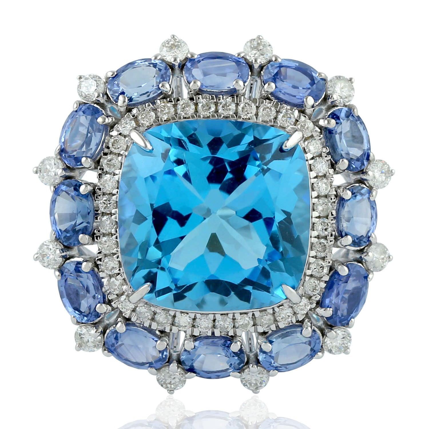 En vente :  Bague en or 18 carats avec topaze bleue de 8,36 carats, saphirs et diamants 3