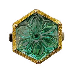 8.36 Carat Carved Emerald and Yellow Diamond Cocktail Ring