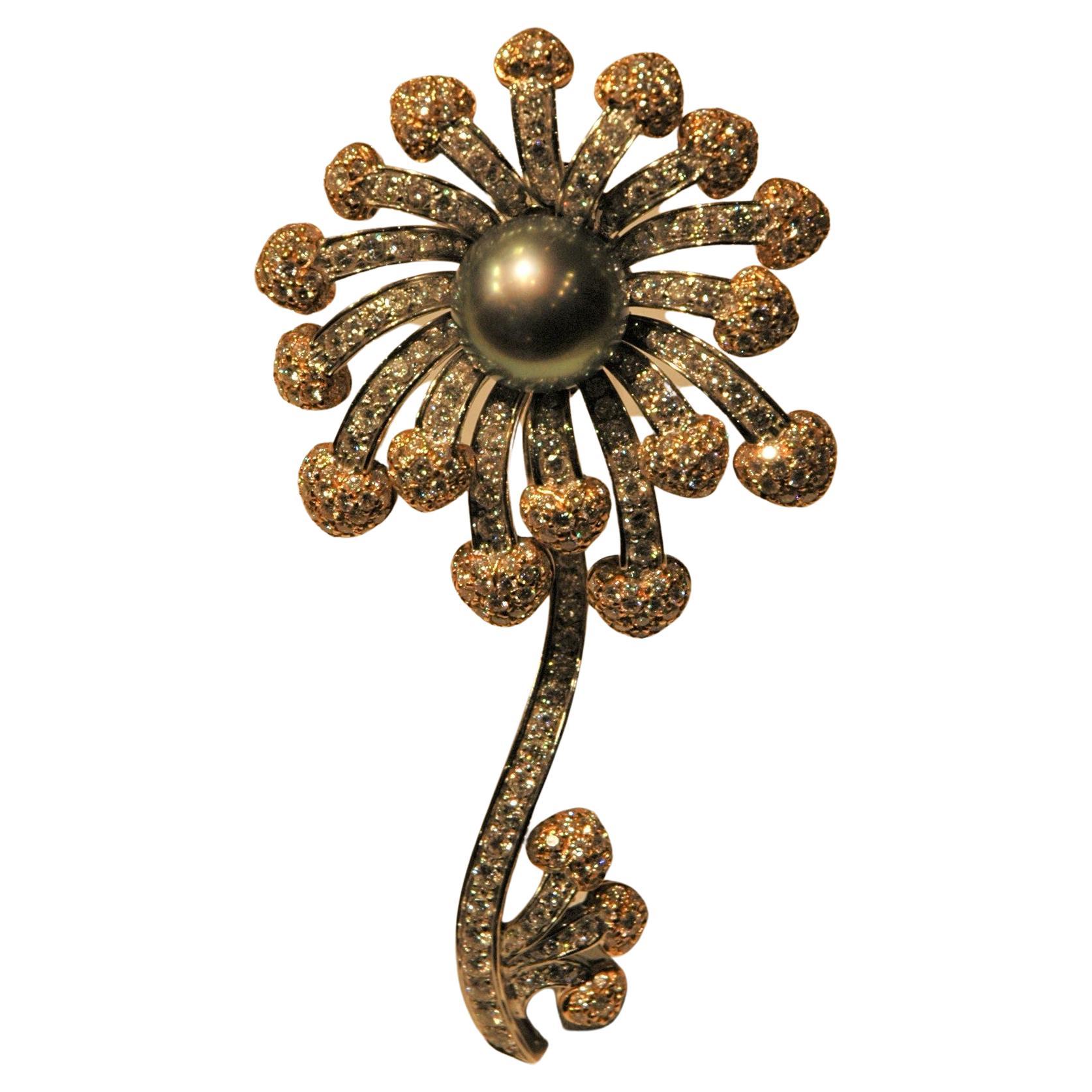 8.36 Carat Diamonds, White and Yellow Gold, Tahity Pearl, Flower Brooch For Sale