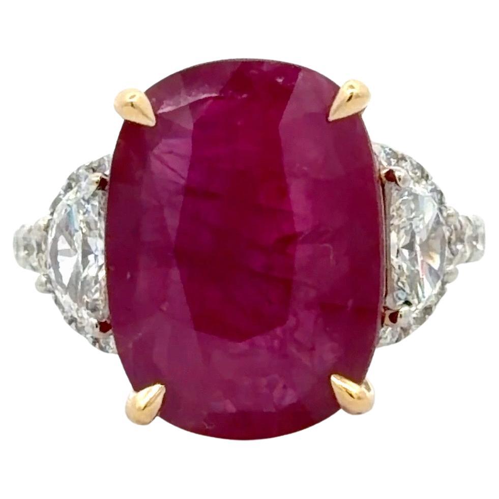 8.36 Carat Oval Ruby, Half Moon Diamond and Diamond Halo Ring, Two-Tone Gold
