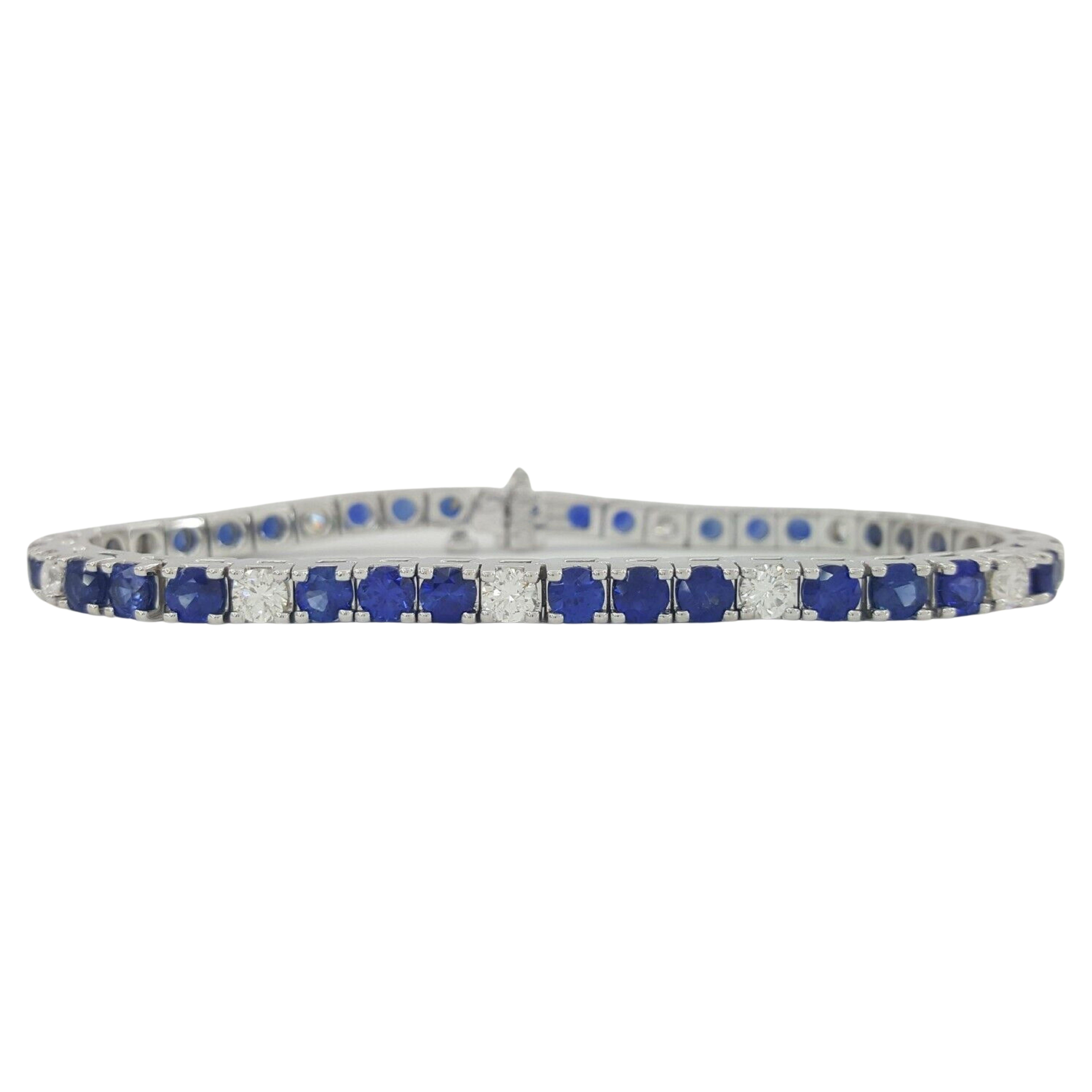 Round Cut 8 Carat White Diamond and Sapphire Tennis Bracelet set in White Gold