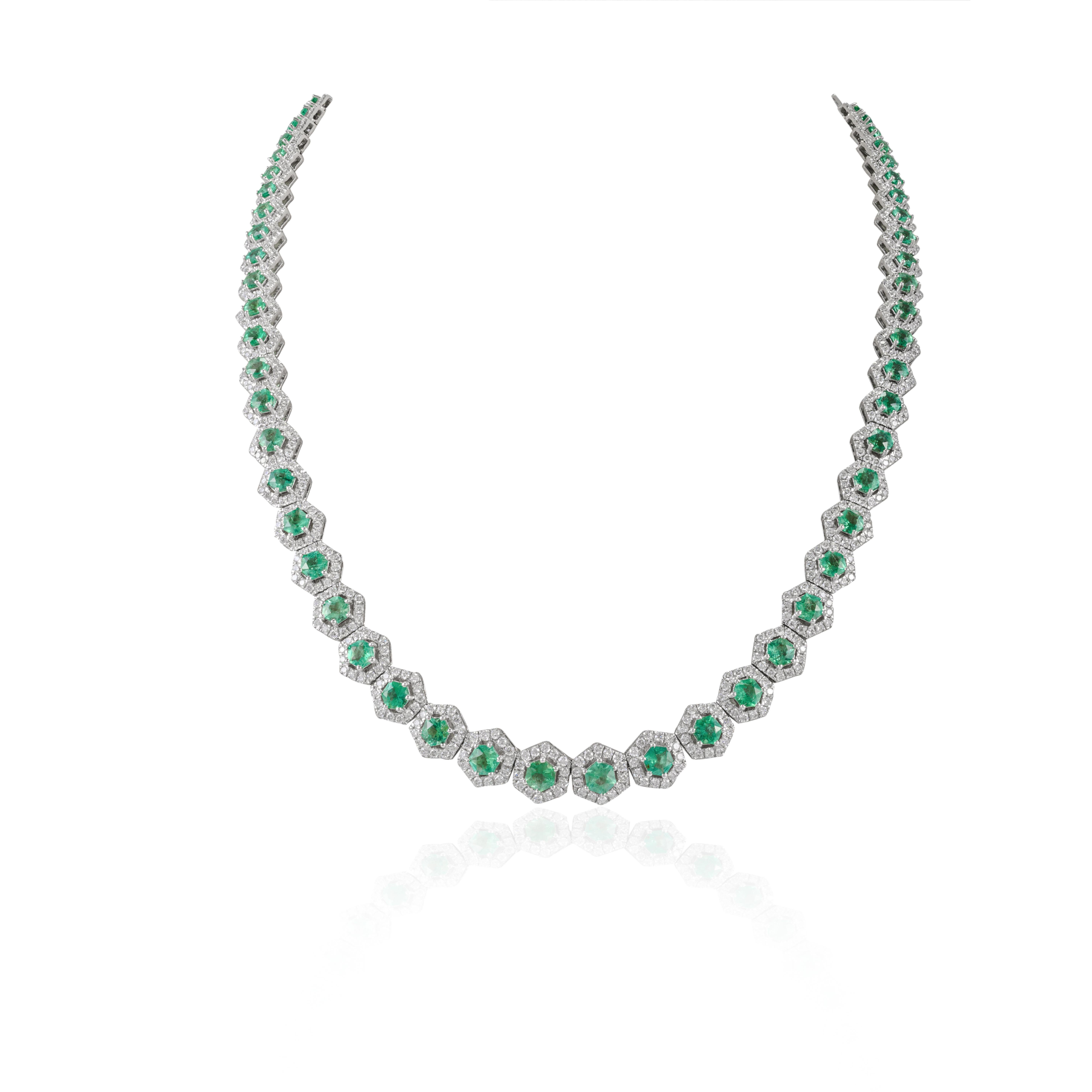 Art Deco 8.36ct Rare Hexagon Emerald and 4.85ct Diamond Tennis Necklace 18k White Gold For Sale