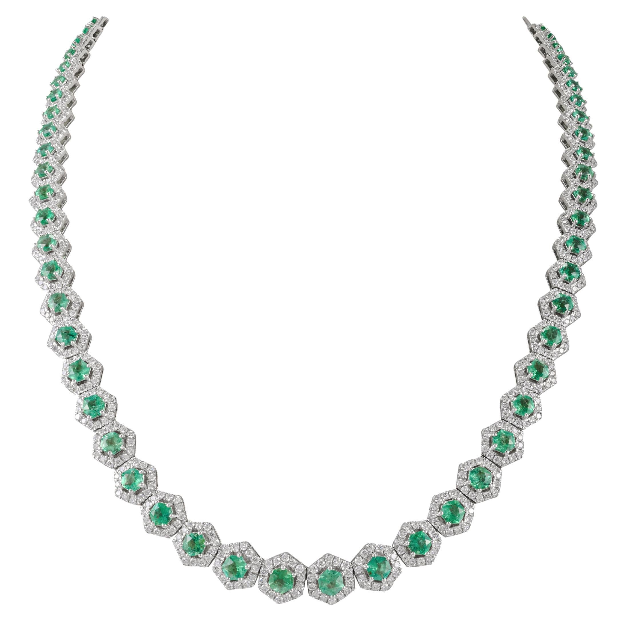 8.36ct Rare Hexagon Emerald and 4.85ct Diamond Tennis Necklace 18k White Gold For Sale
