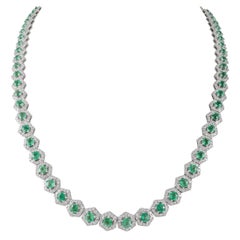 8.36ct Rare Hexagon Emerald and 4.85ct Diamond Tennis Necklace 18k White Gold