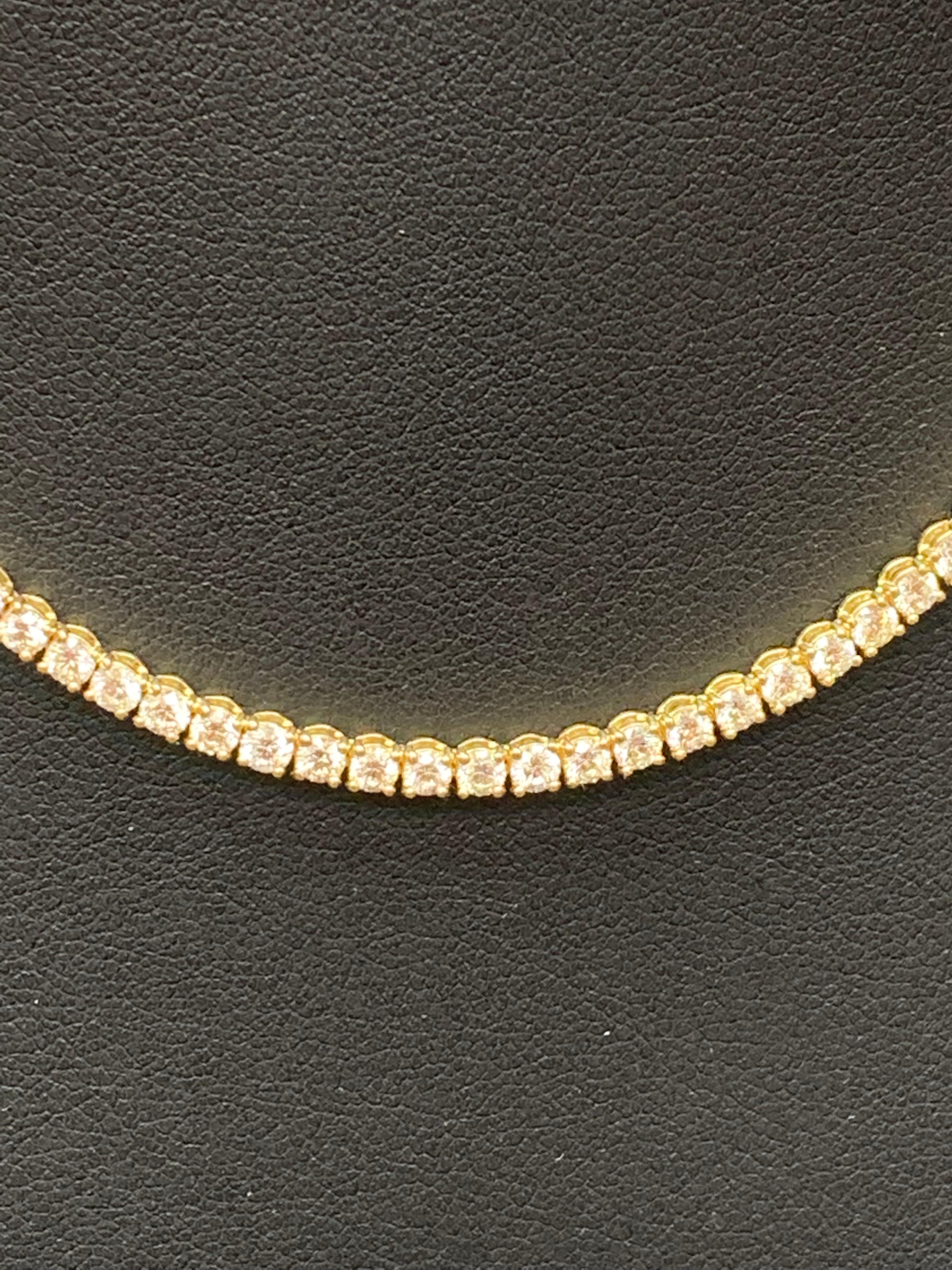 Brilliant Cut 8.37 Carat Diamond Tennis Necklace in 14K Yellow Gold For Sale
