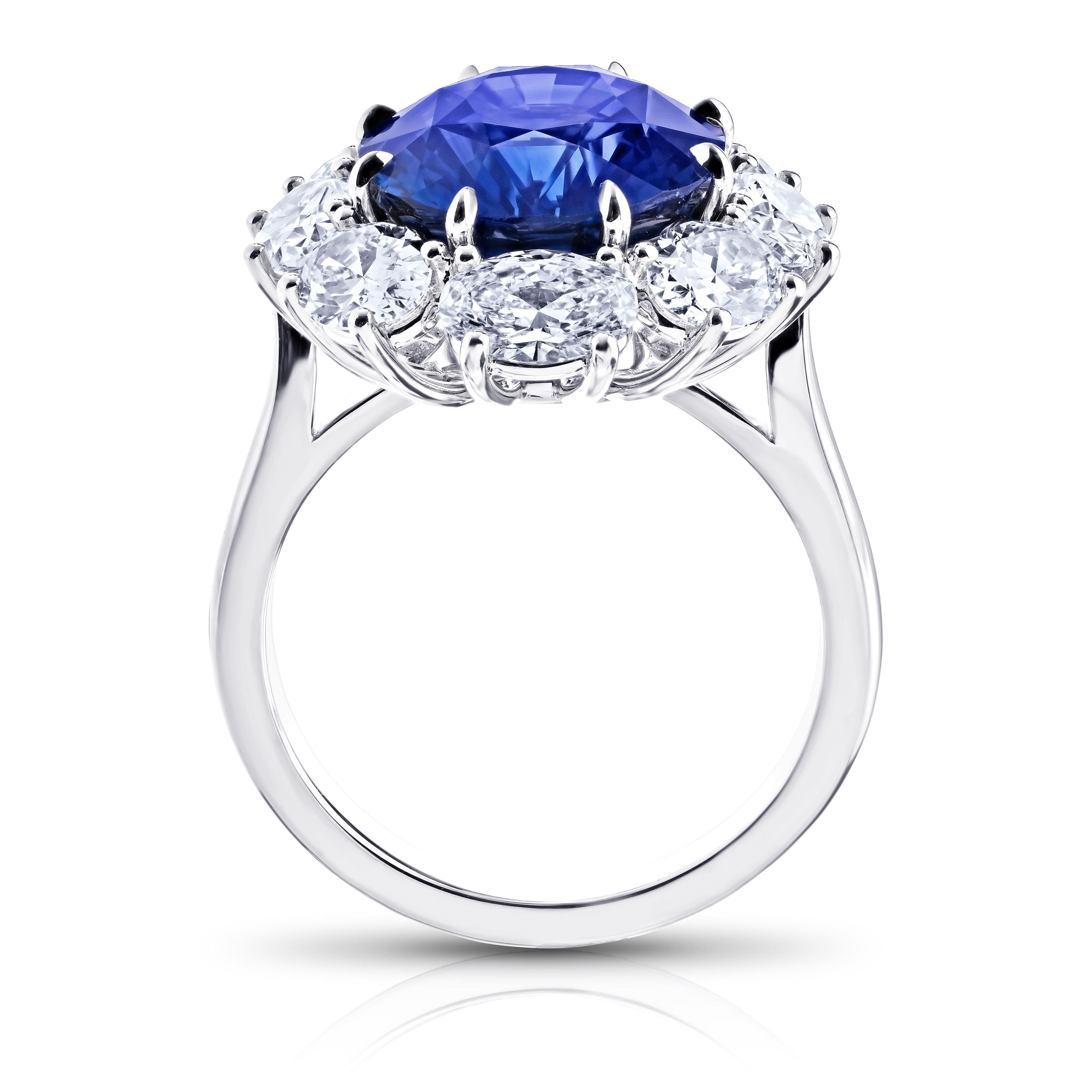 Contemporary 8.37 Carat Oval Blue Sapphire and Platinum Diamond Ring For Sale