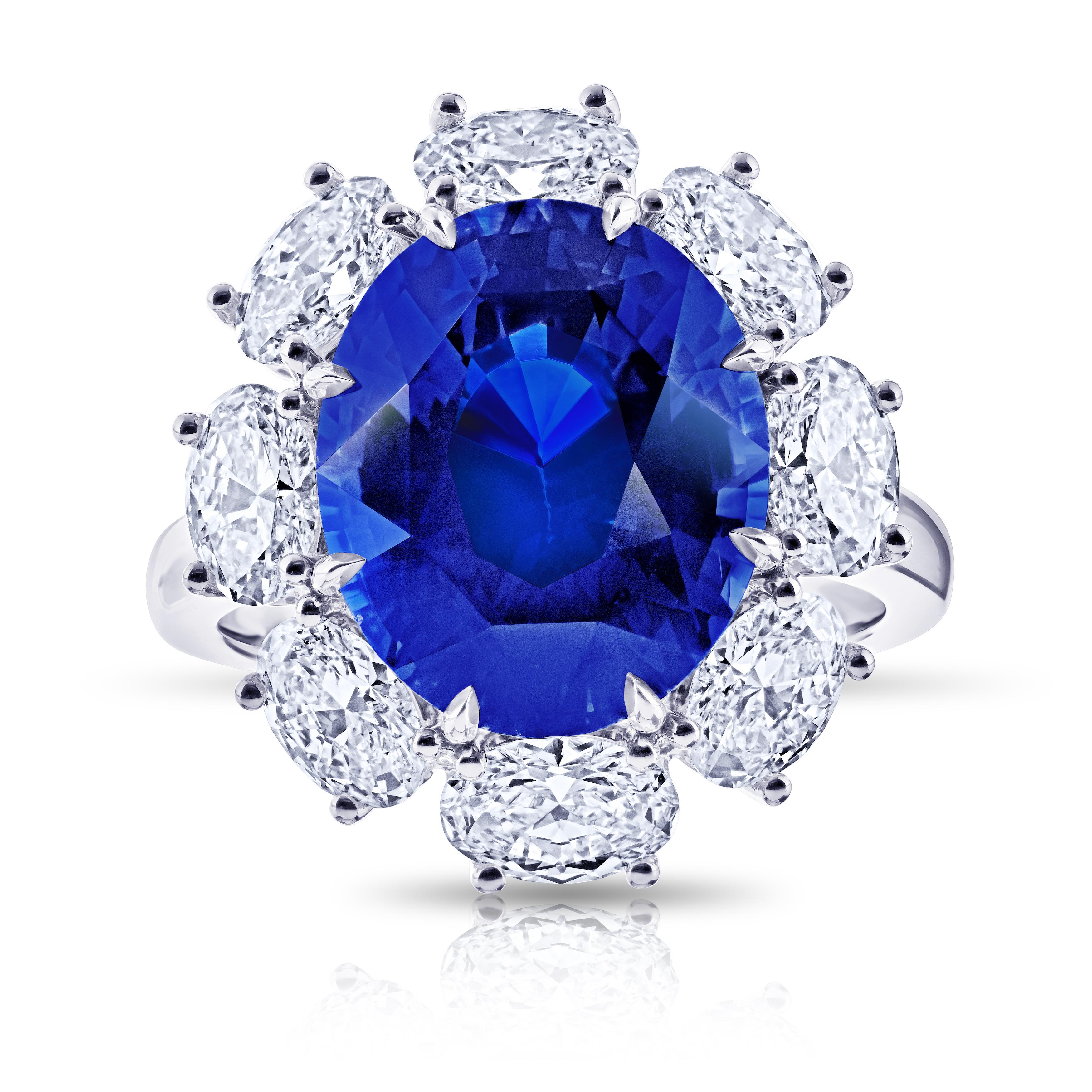 Oval Cut 8.37 Carat Oval Blue Sapphire and Platinum Diamond Ring For Sale
