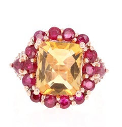 8.37 Carat Emerald Cut Citrine Ruby and Diamond 14 Karat Rose Gold Cocktail Ring