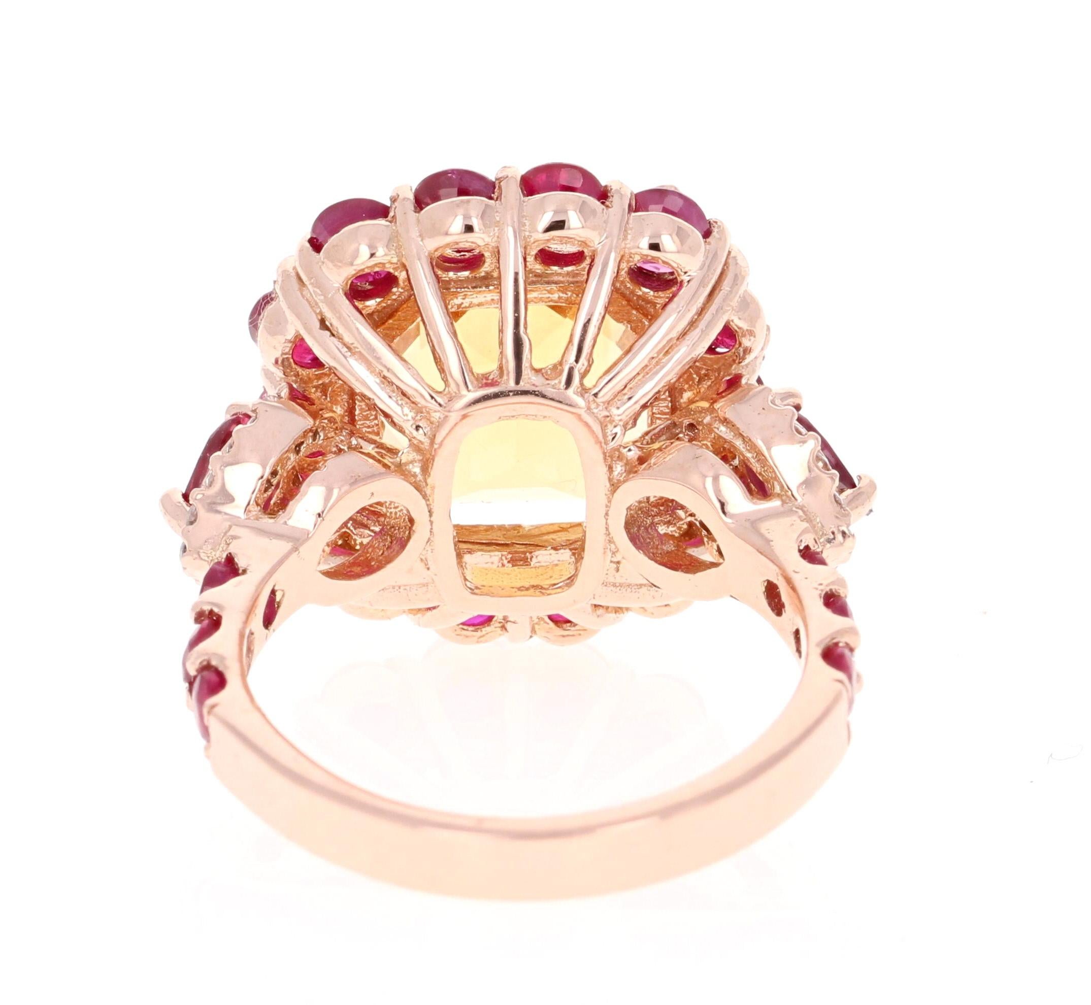 8.37 Carat Emerald Cut Citrine Ruby and Diamond 14 Karat Rose Gold Cocktail Ring In New Condition In Los Angeles, CA