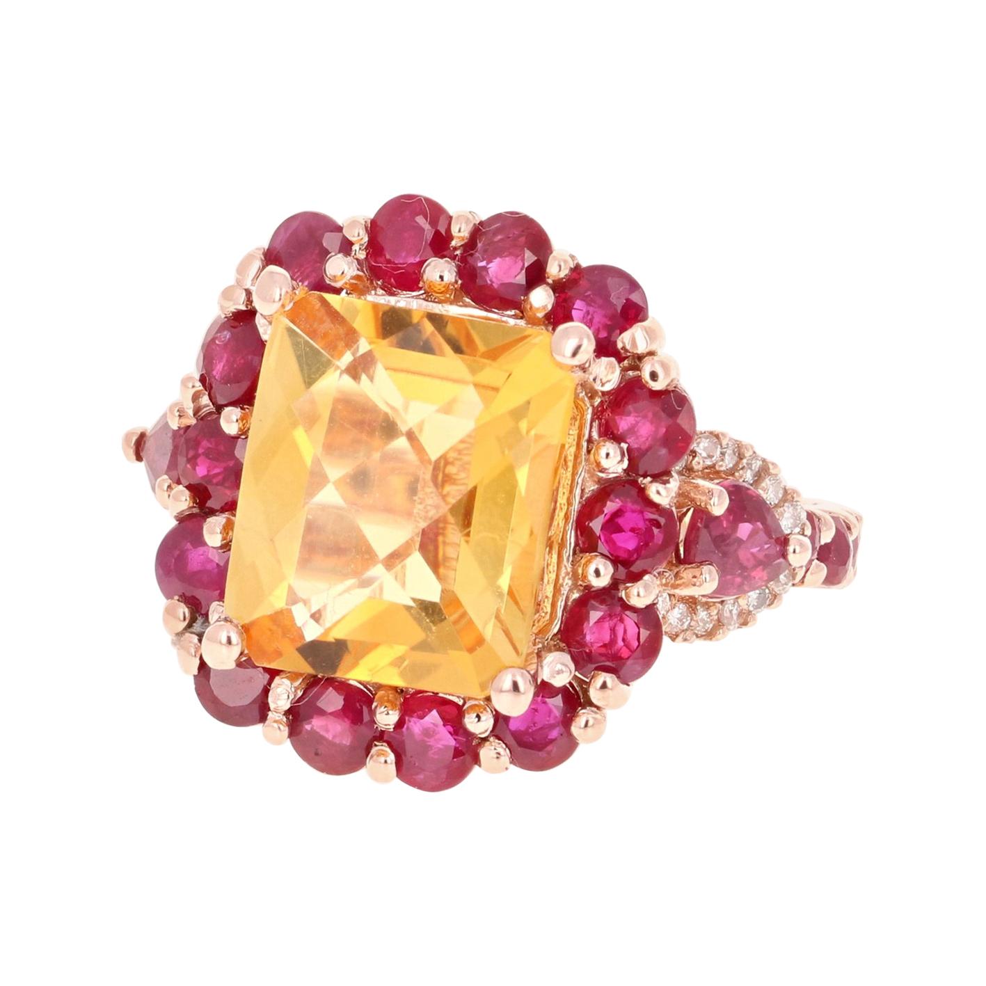 8.37 Carat Emerald Cut Citrine Ruby and Diamond 14 Karat Rose Gold Cocktail Ring