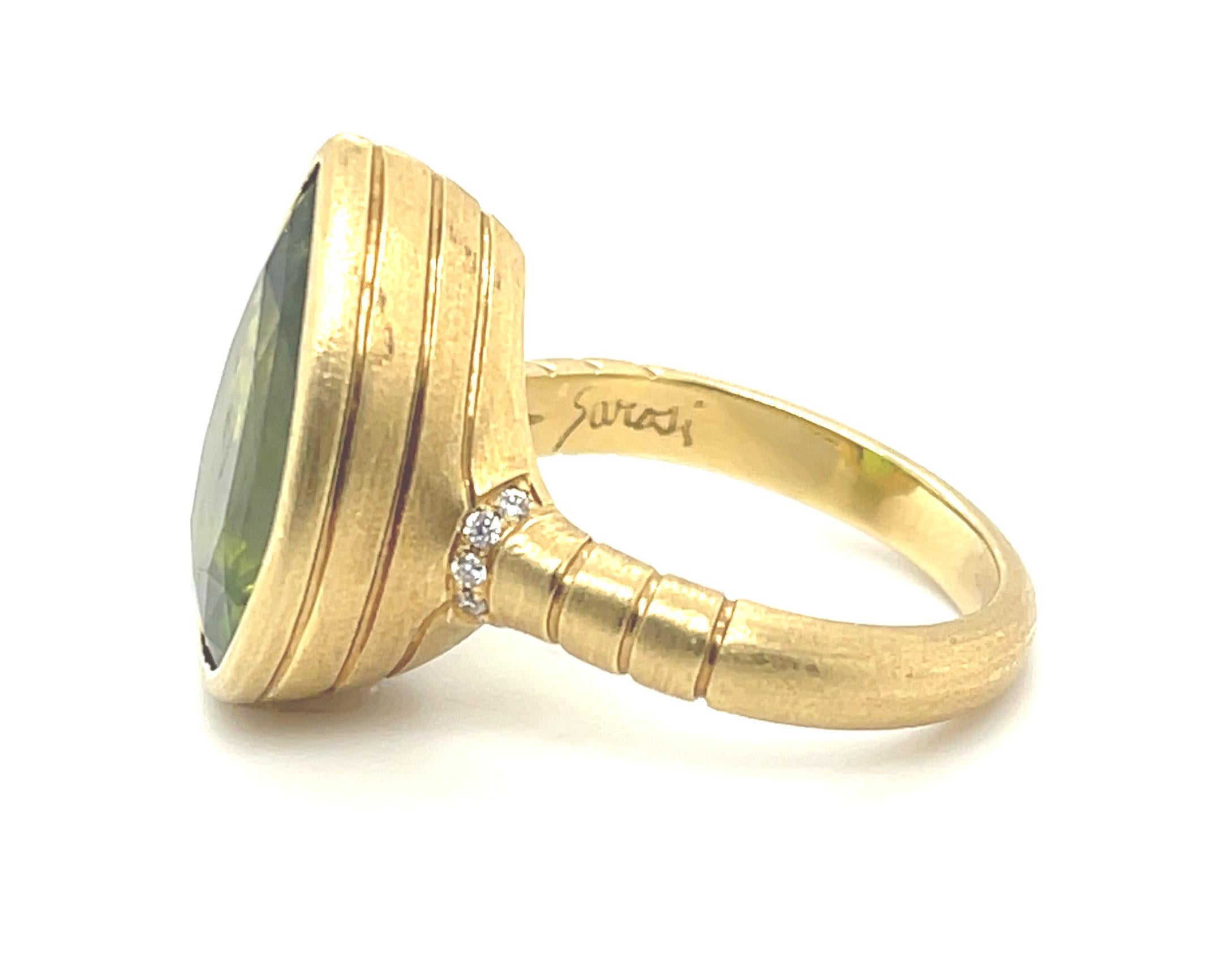 Artisan 8.37 ct. Pear Shape Peridot and Diamond Ring in 18k Yellow Gold For Sale