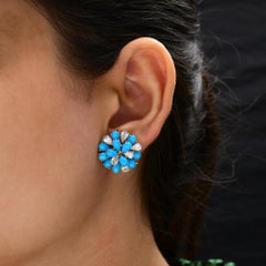 8.37Ct Arizona Turquoise SI/H Diamond Cluster Stud Earrings 18 Karat White Gold