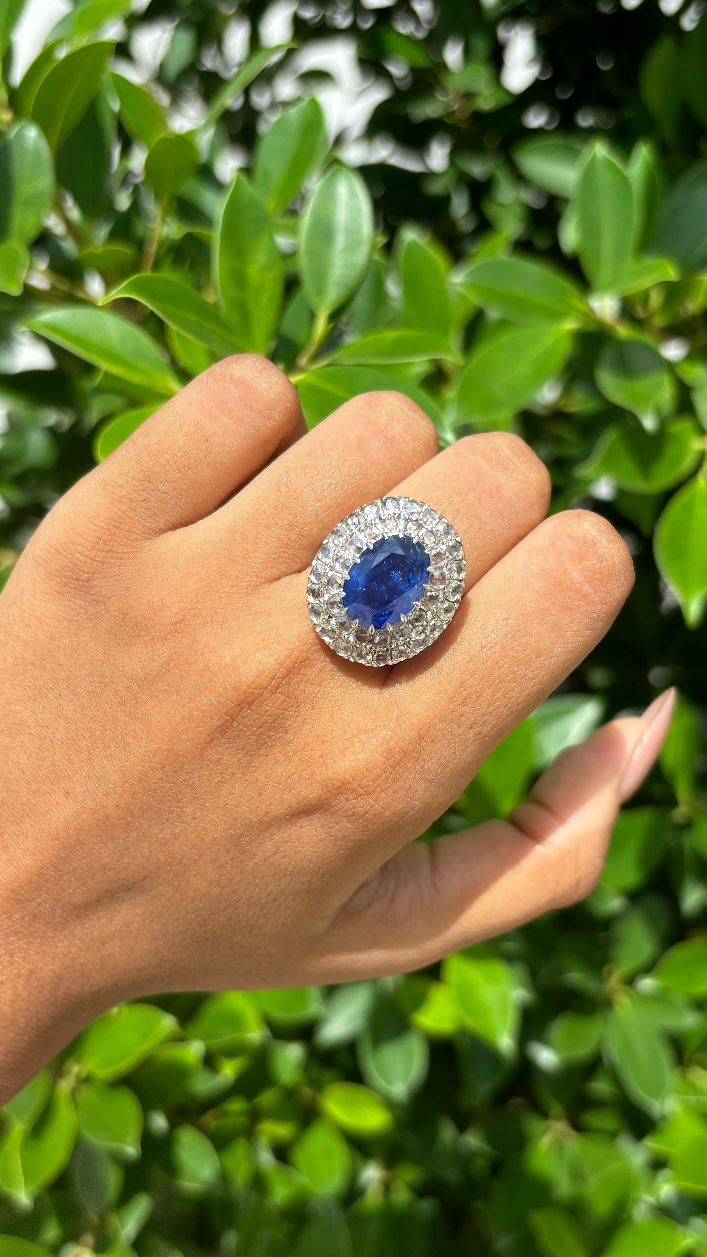 8.38 Carat Ceylon Sapphire & Rose-cut Diamond studded Ring in 14K White Gold 4