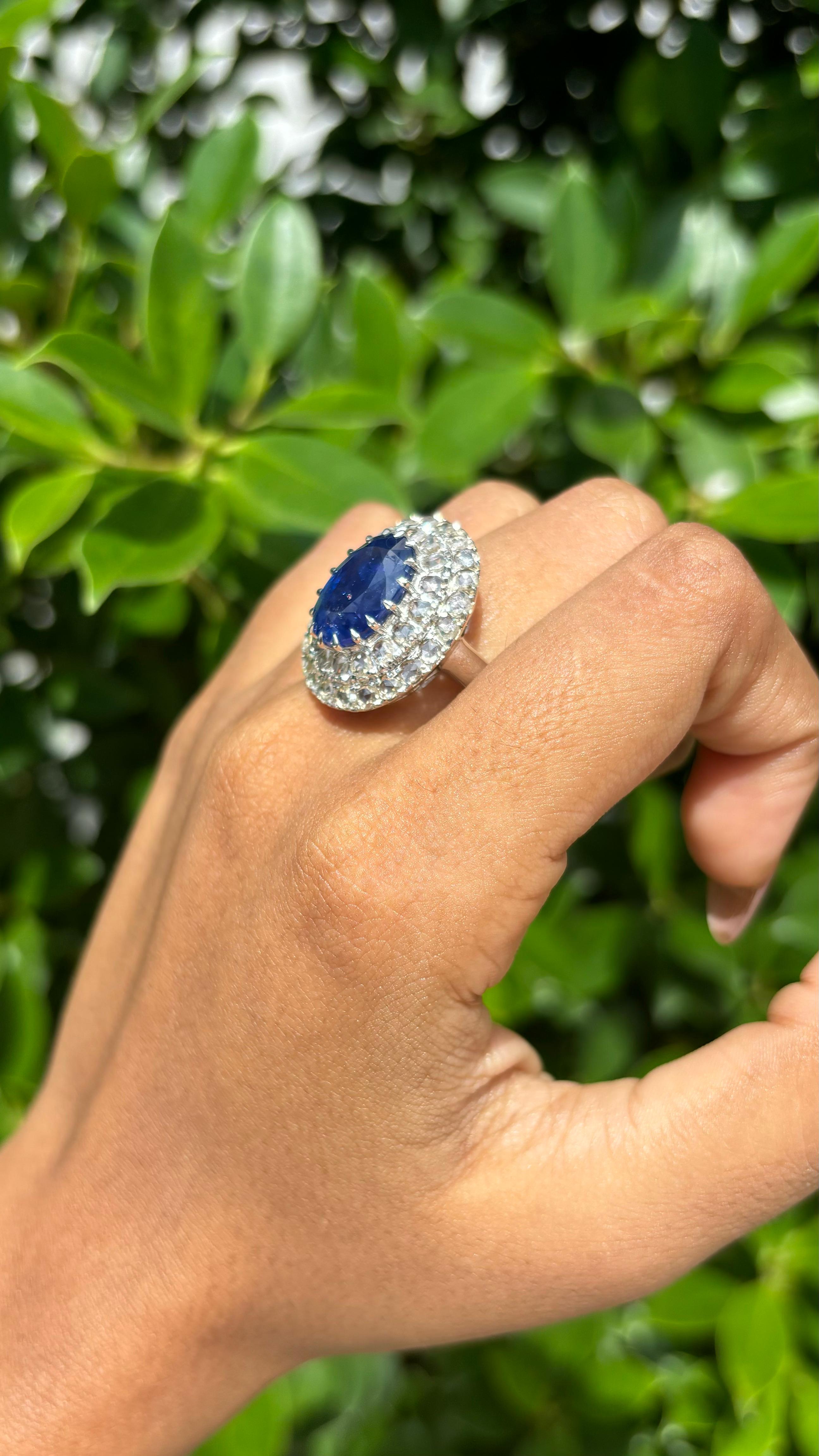8.38 Carat Ceylon Sapphire & Rose-cut Diamond studded Ring in 14K White Gold 5