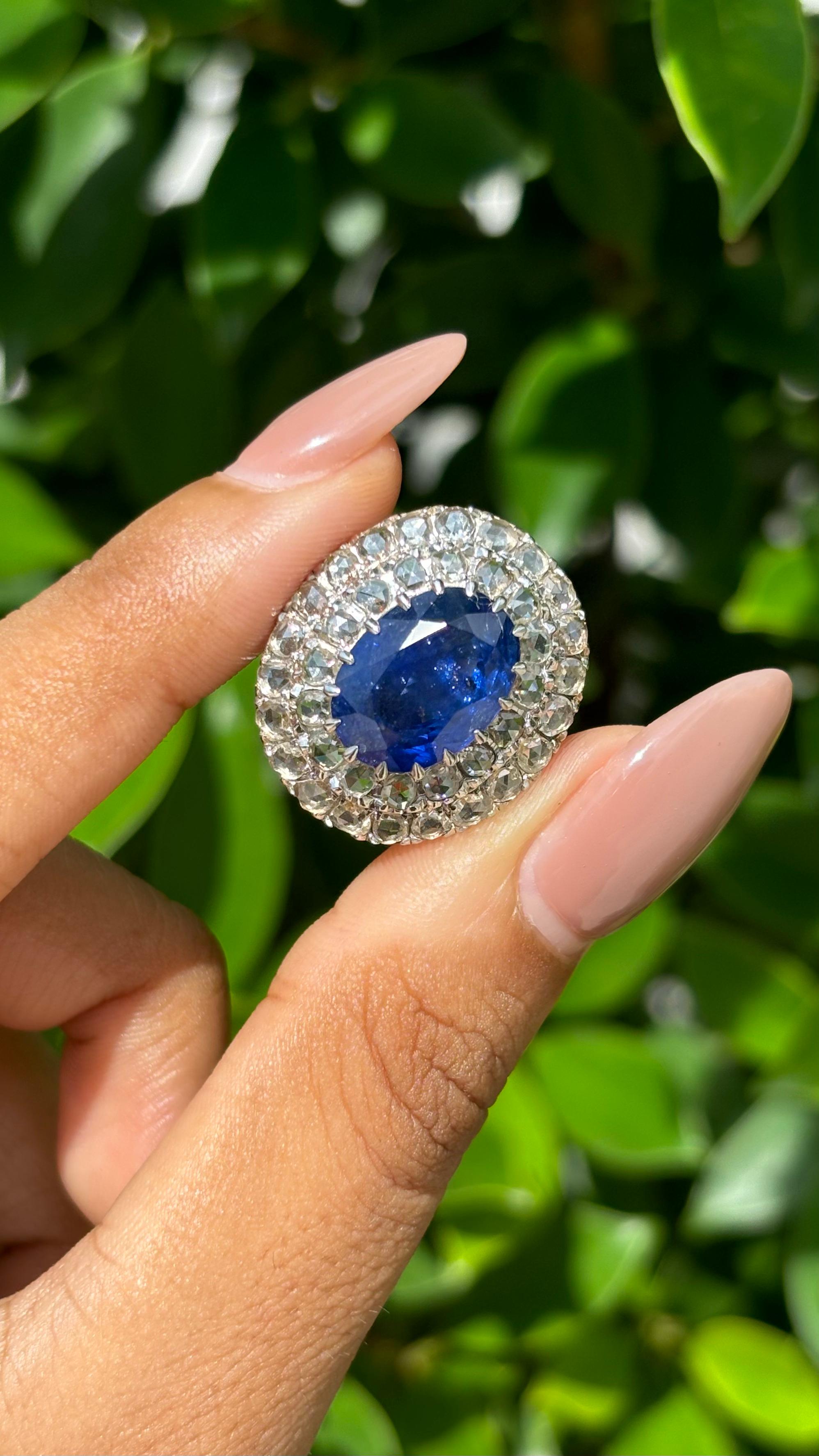 Art Deco 8.38 Carat Ceylon Sapphire & Rose-cut Diamond studded Ring in 14K White Gold