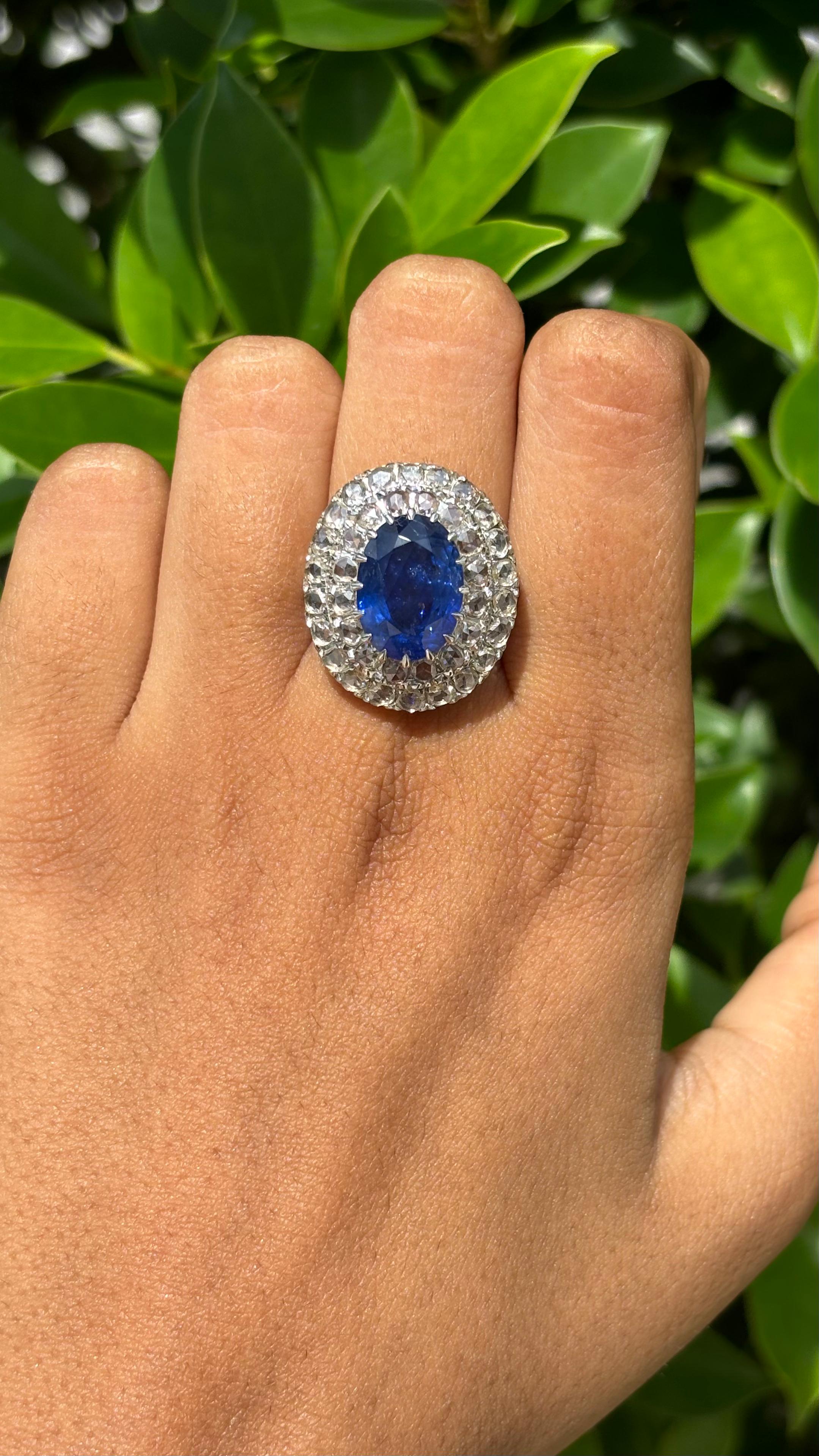 8.38 Carat Ceylon Sapphire & Rose-cut Diamond studded Ring in 14K White Gold 1