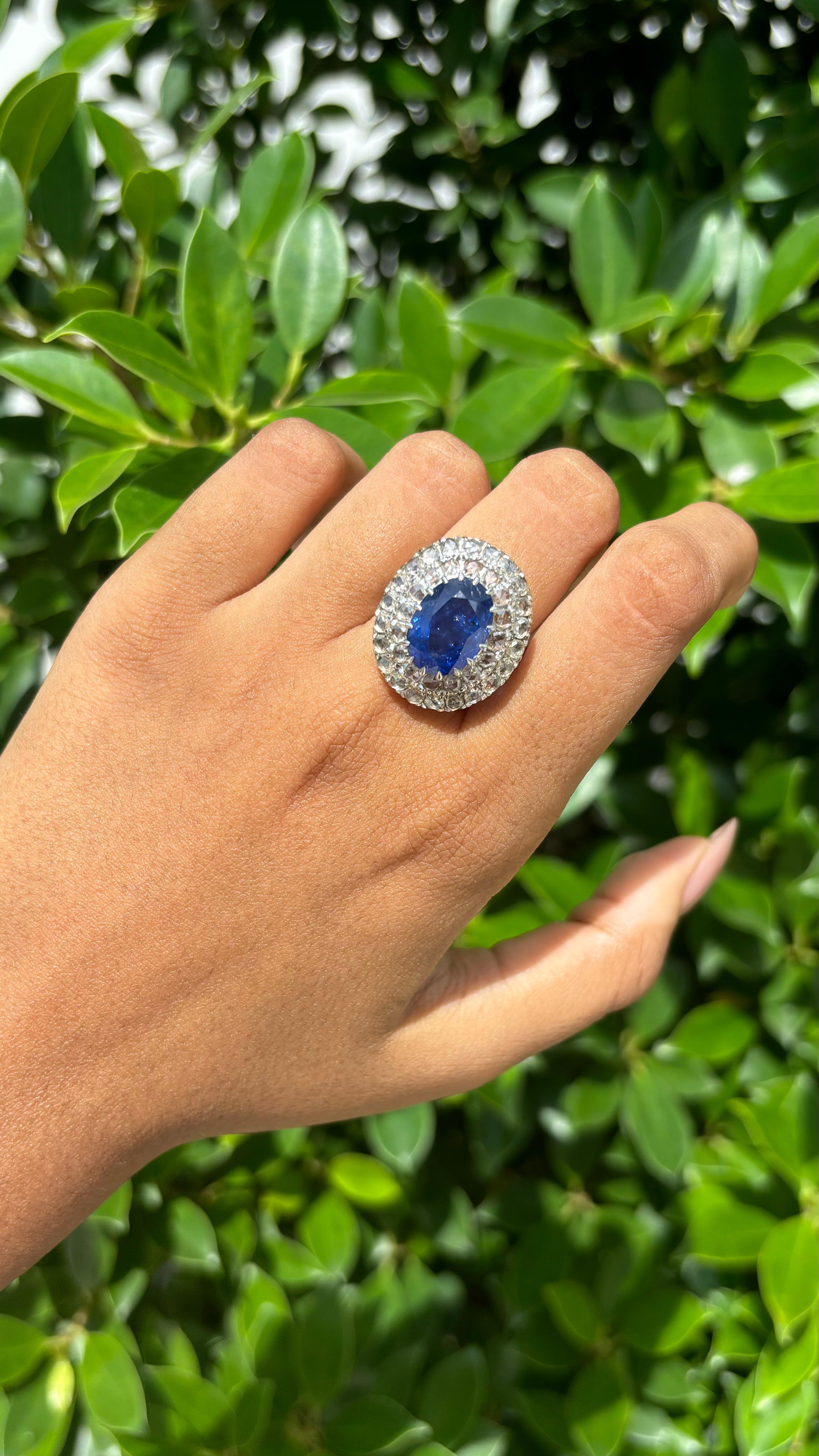 8.38 Carat Ceylon Sapphire & Rose-cut Diamond studded Ring in 14K White Gold 3