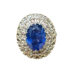 8.38 Carat Ceylon Sapphire & Rose-cut Diamond studded Ring in 14K White Gold