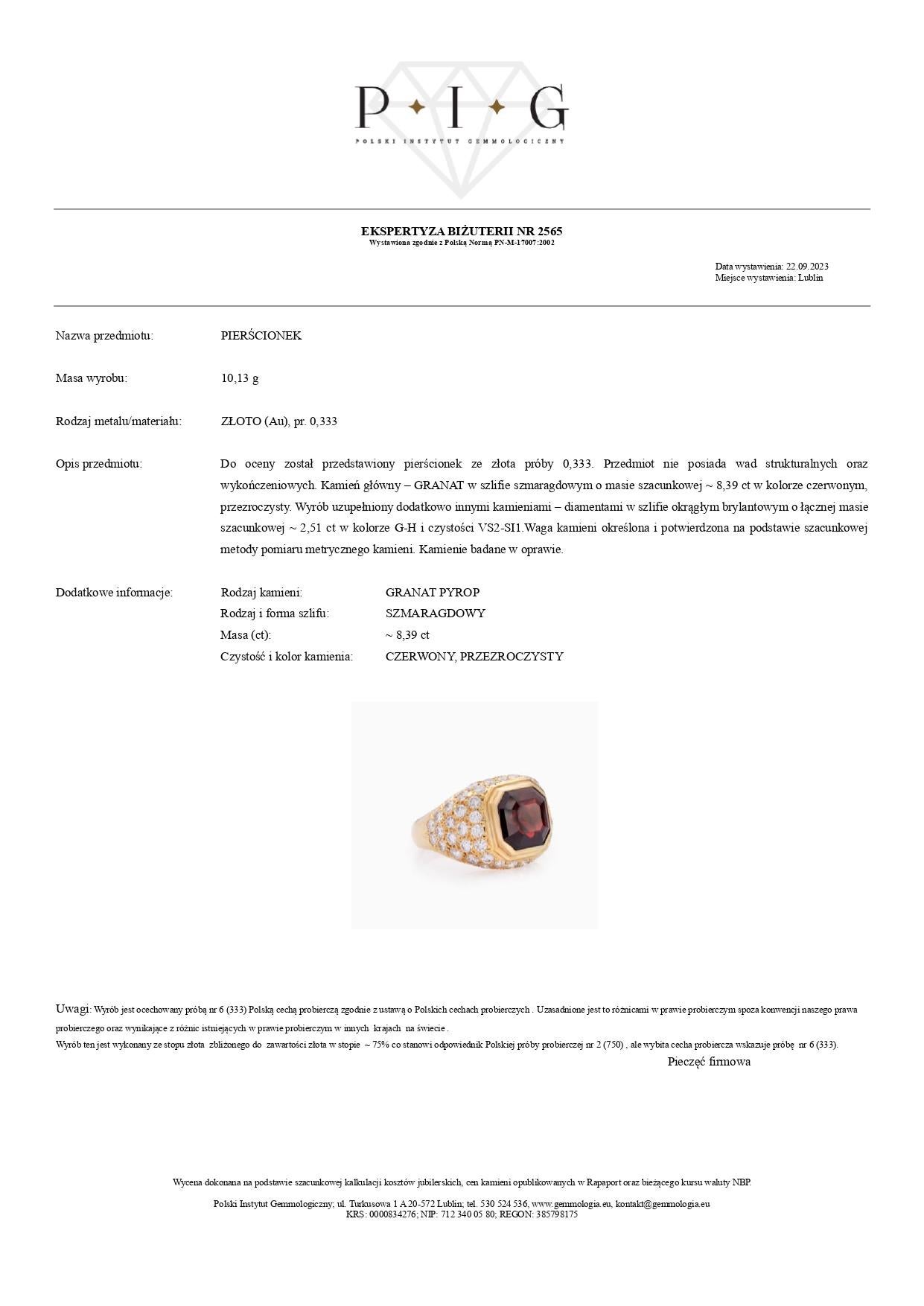 Emerald Cut 8.38 Carat Garnet and 2.51 Carat Diamond Ring in 18K Yellow Gold For Sale