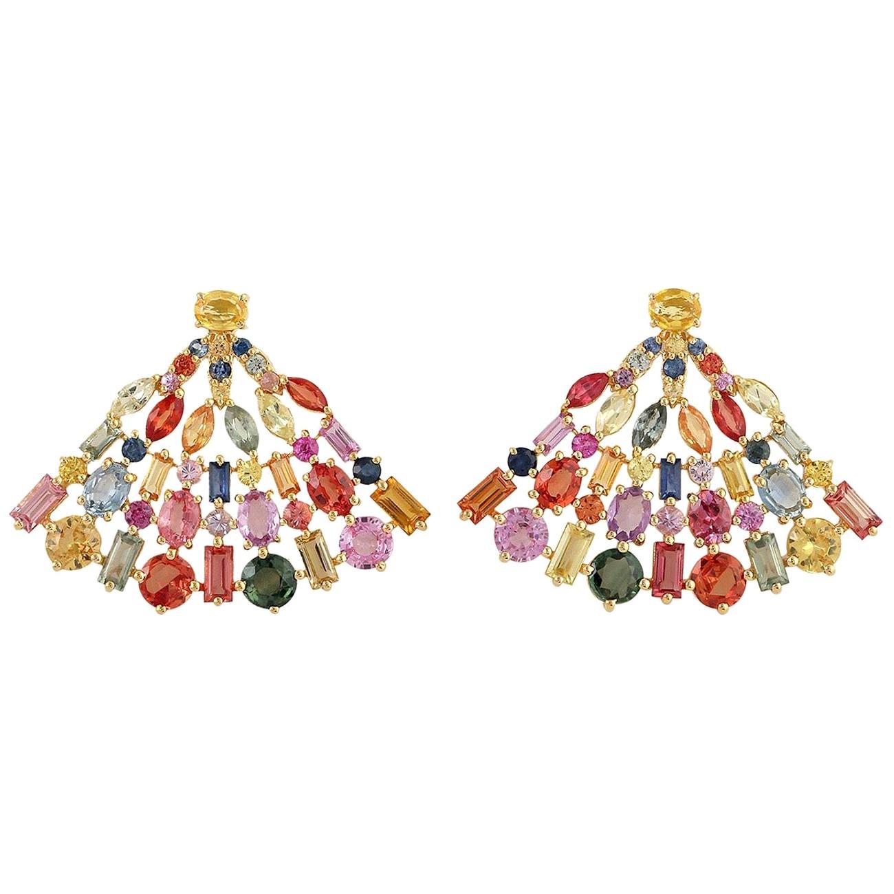 Boucles d'oreilles éventail en or 18 carats avec saphirs multicolores de 8,38 carats