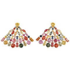 Boucles d'oreilles éventail en or 18 carats avec saphirs multicolores de 8,38 carats