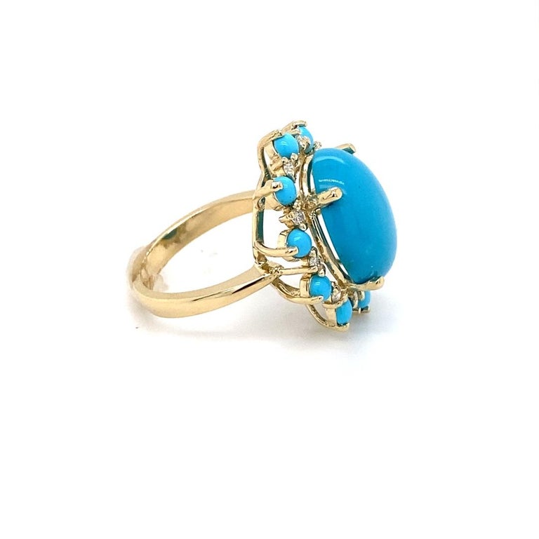 Oval Cut 8.38 Carat Turquoise Diamond 14 Karat Yellow Gold Cocktail Ring For Sale