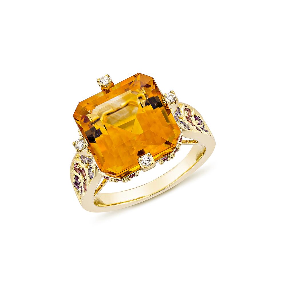 Contemporary 8.39 Carat Citrine Fancy Ring in 18KYG with Multi Gemstone and Diamond.   For Sale