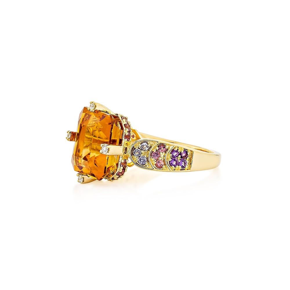 Octagon Cut 8.39 Carat Citrine Fancy Ring in 18KYG with Multi Gemstone and Diamond.   For Sale