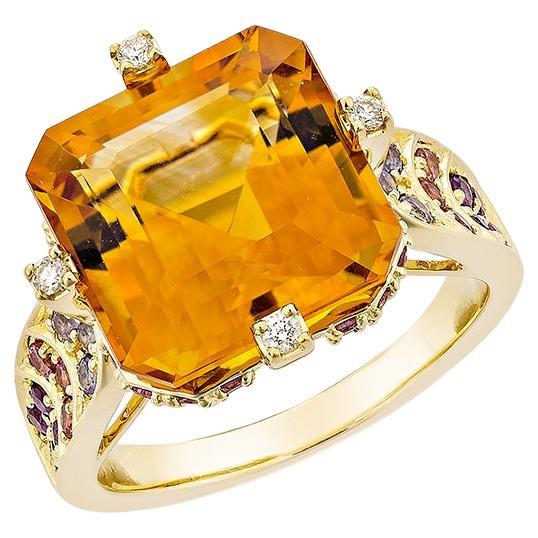 8.39 Carat Citrine Fancy Ring in 18KYG with Multi Gemstone and Diamond.   For Sale