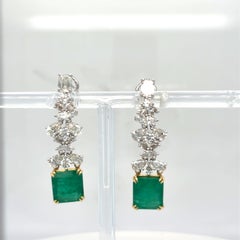 8.39 Carat Emerald Cut Emerald Diamond Dangle Two Tone Gold Earrings