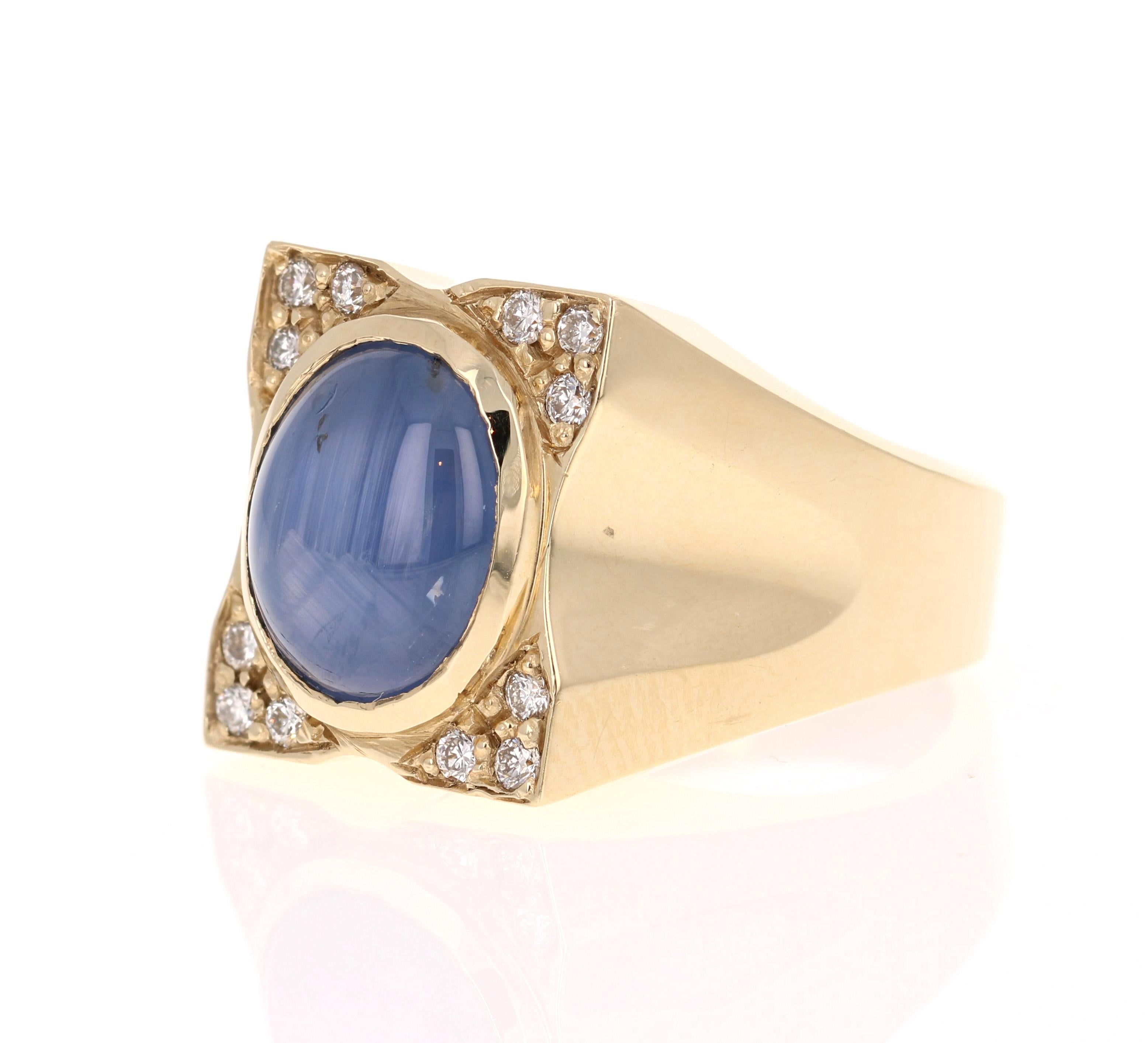 Modern 8.39 Carat Men's Sapphire Diamond 14 Karat Yellow Gold Ring