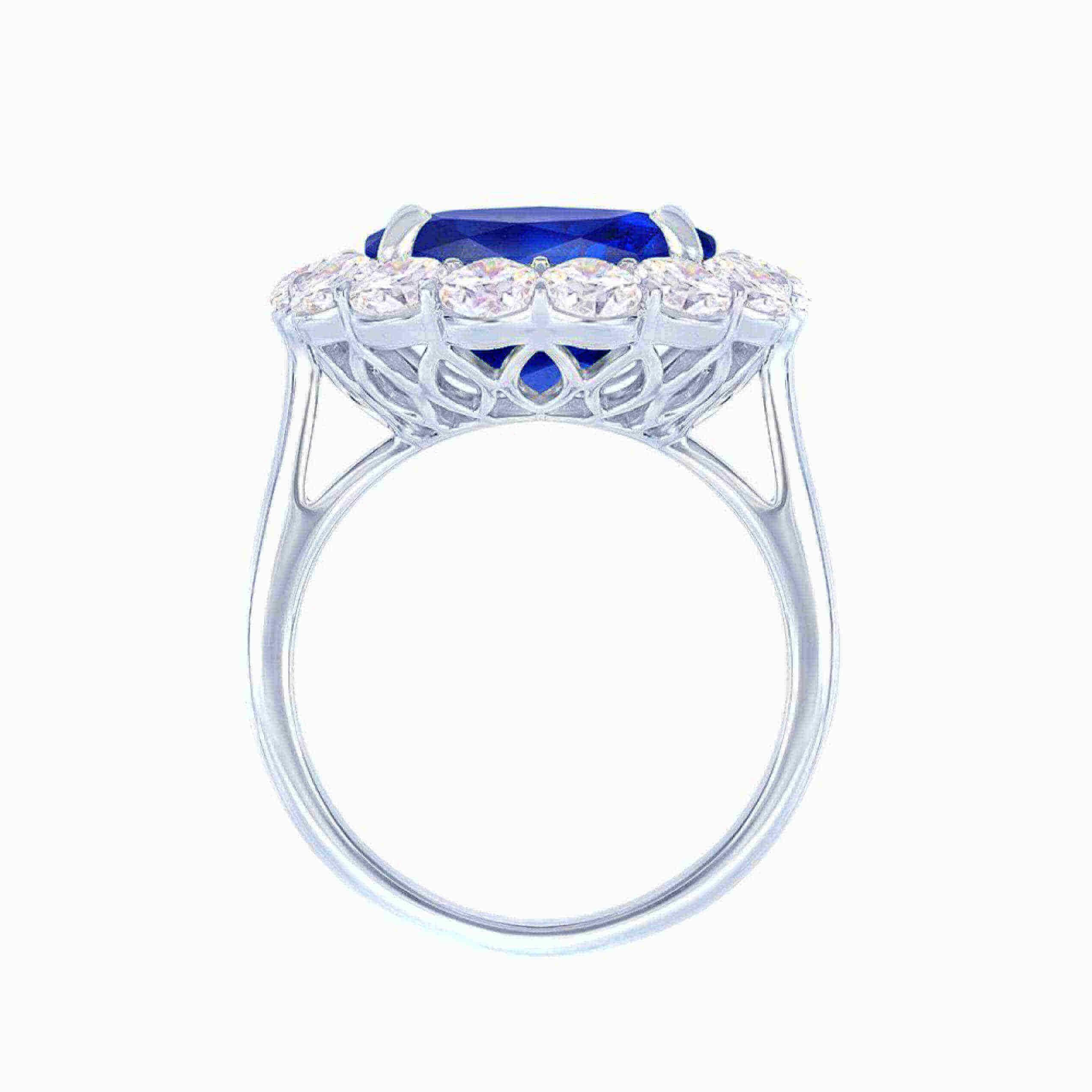 This exquisite sapphire and diamond ring showcases an 8.36-carat natural Ceylon sapphire set in prongs, with a halo of round brilliant cut diamonds encircling the center stone. The total diamond weight is 1.91 carats, boasting G color and VS1-VS2