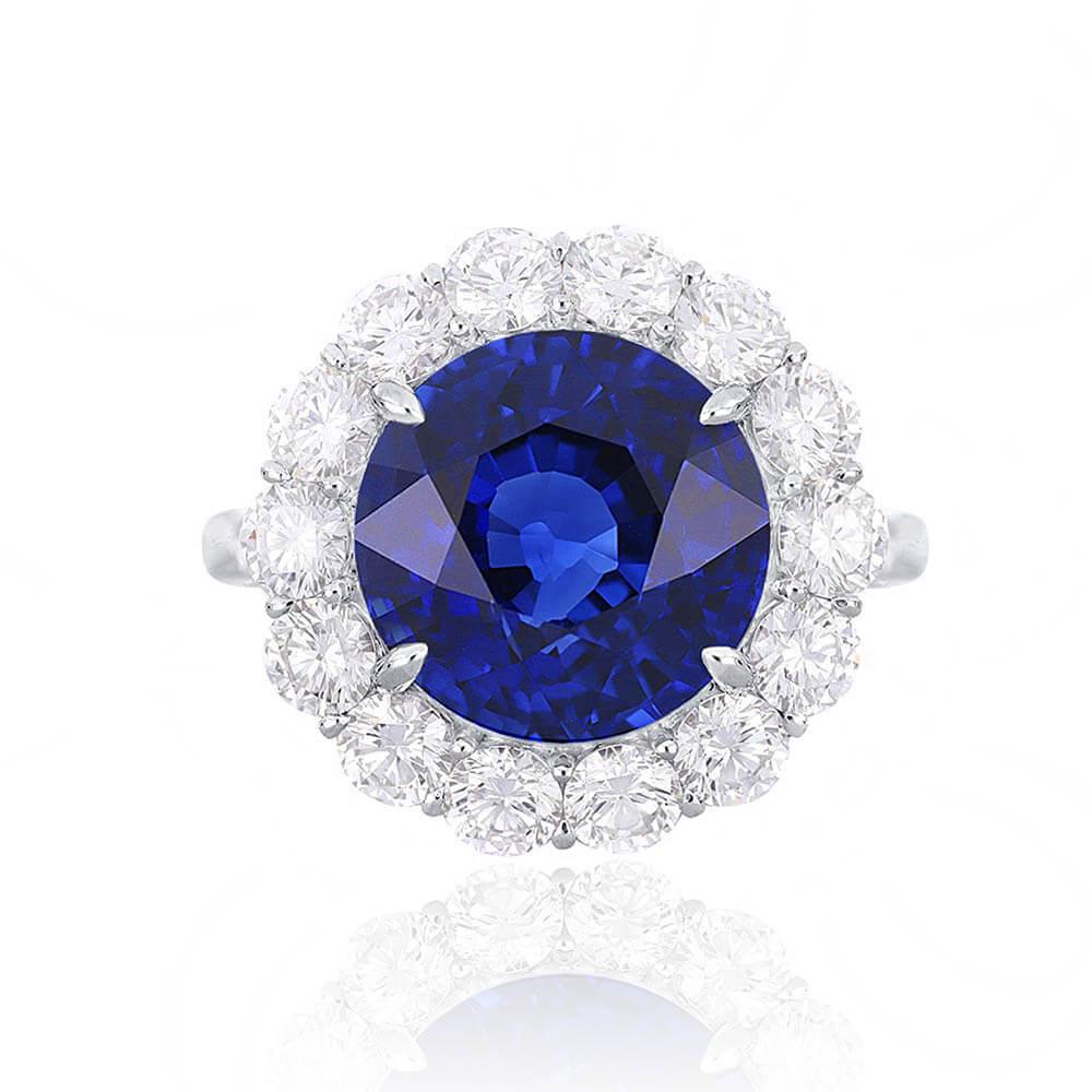 Round Cut 8.39ct Natural Ceylon Sapphire Engagement Ring, G Color, Diamond Halo, Platinum For Sale