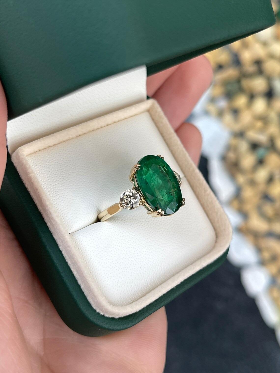 8.39tcw 14K Elongated Natural Oval Emerald & Round Diamond 3 Stone Statement Rin In New Condition For Sale In Jupiter, FL