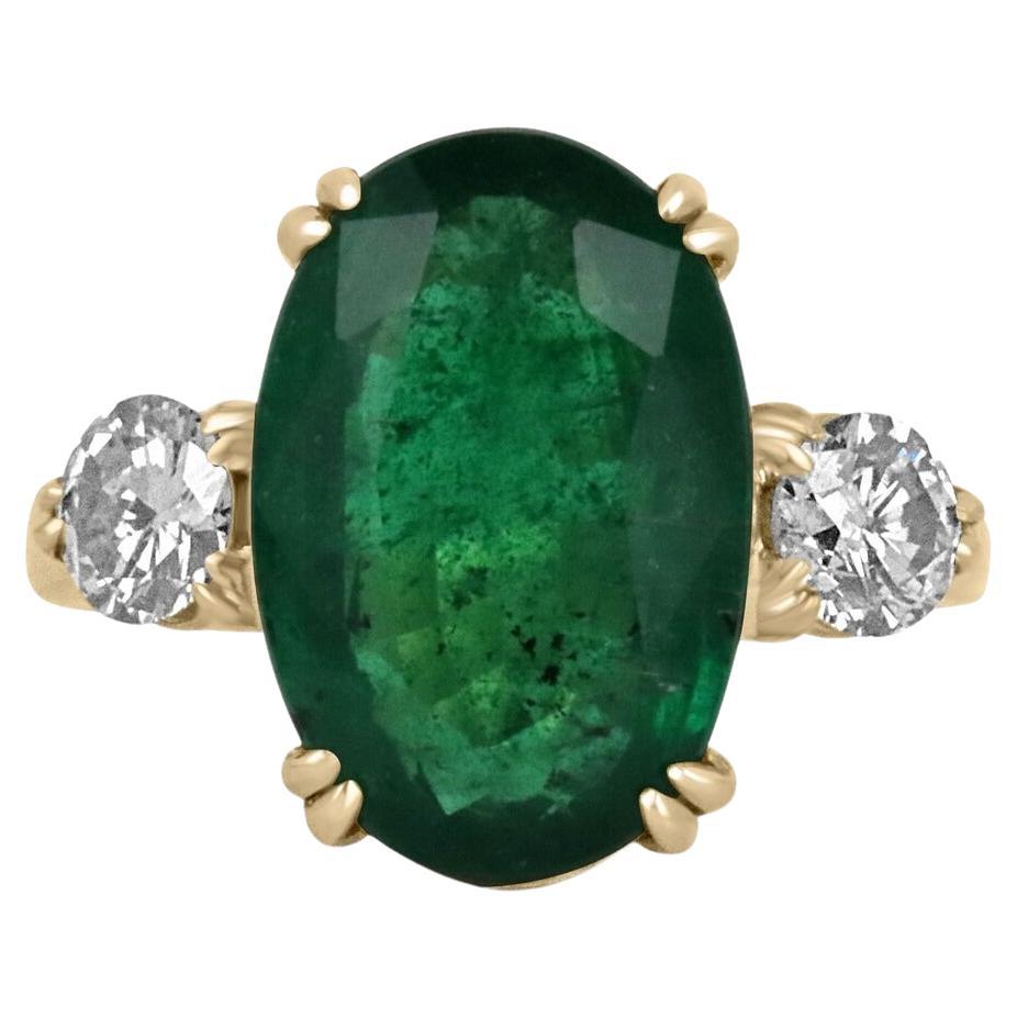 8.39tcw 14K Elongated Natural Oval Emerald & Round Diamond 3 Stone Statement Rin For Sale
