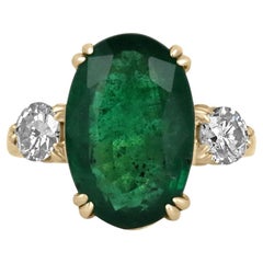 8.39tcw 14K Elongated Natural Oval Emerald & Round Diamond 3 Stone Statement Rin