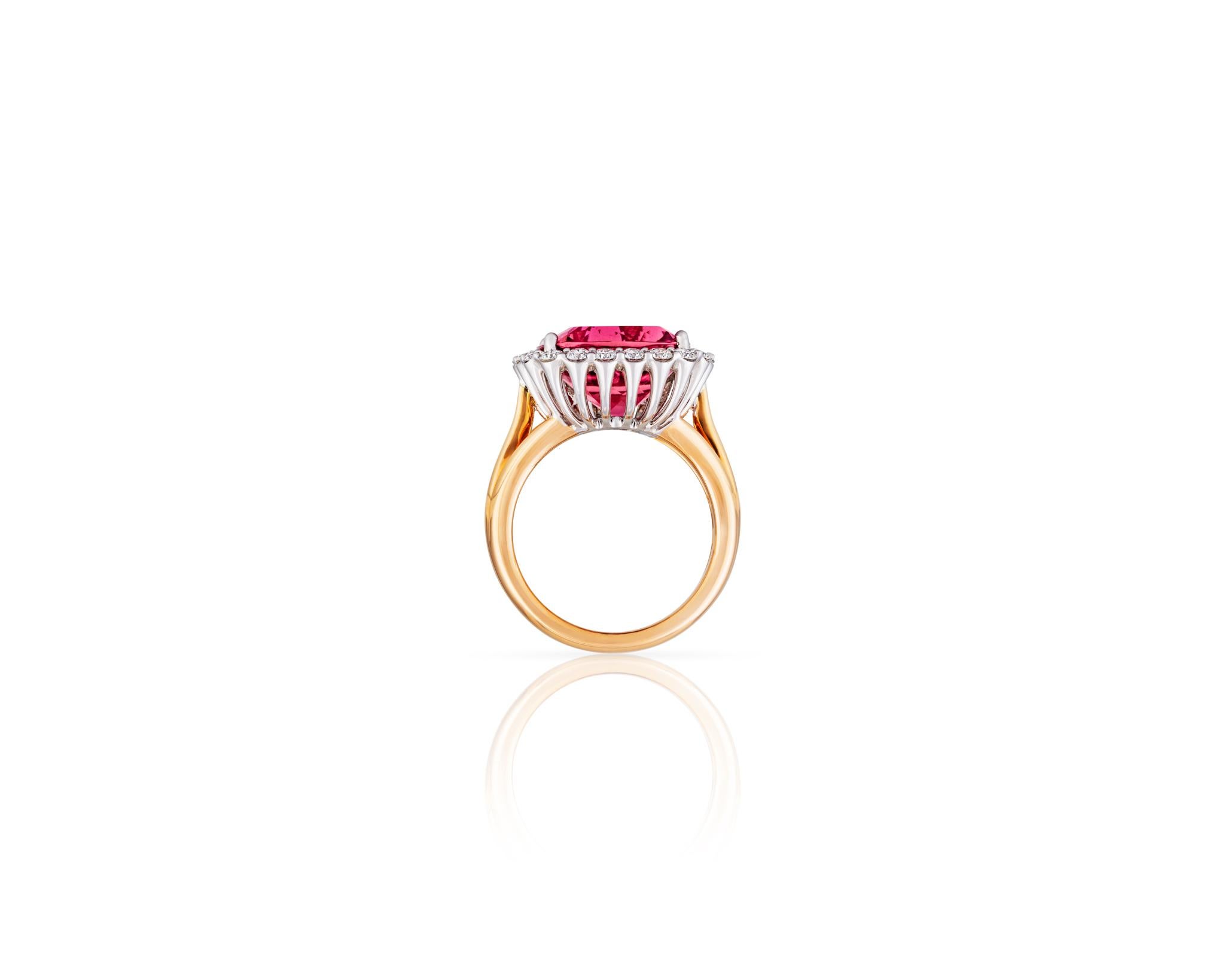 Contemporary 8.3ct Cushion Cut Pink Tourmaline .84ct Diamond 14kt Yellow Gold Ring For Sale