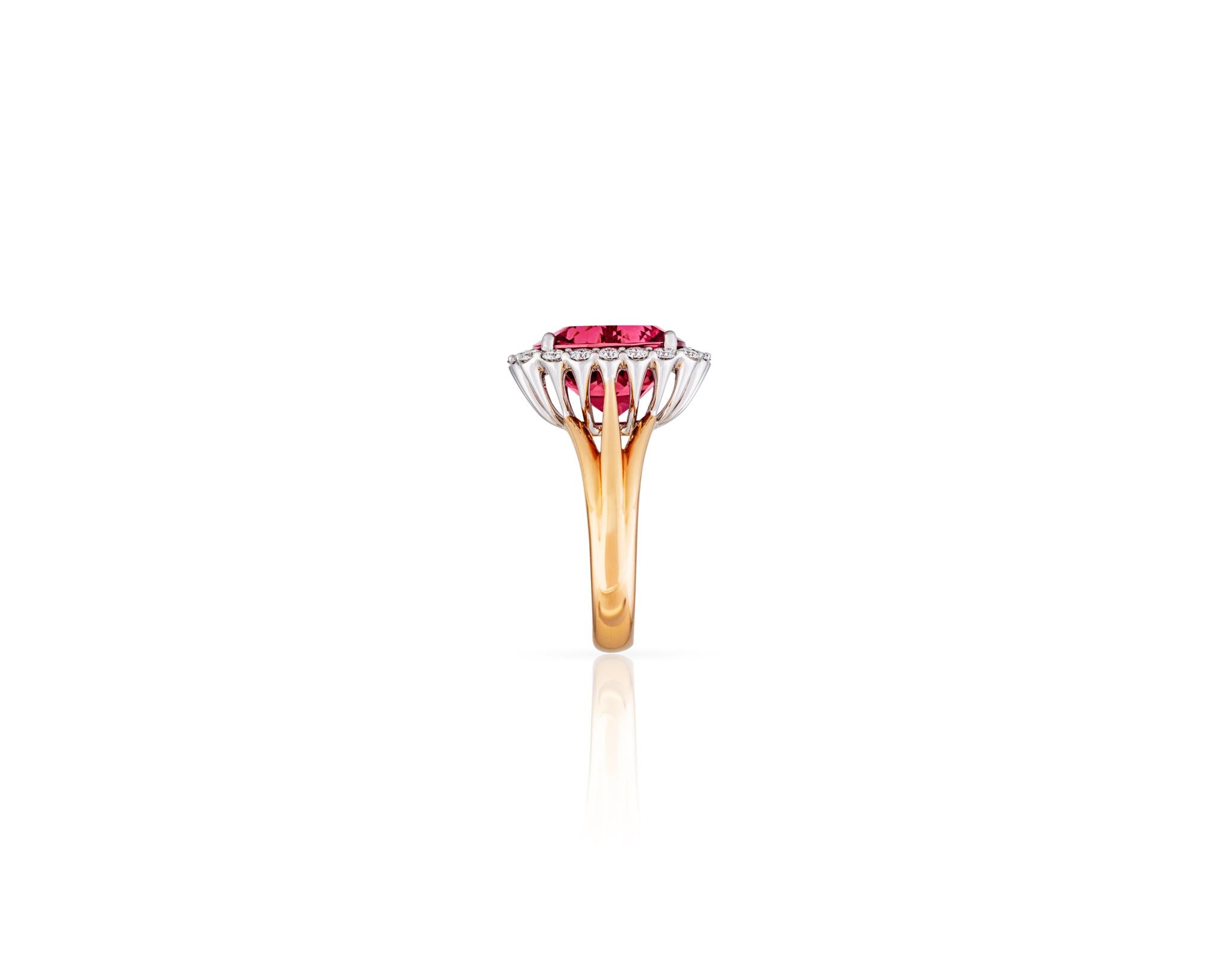 8.3ct Cushion Cut Pink Tourmaline .84ct Diamond 14kt Yellow Gold Ring In New Condition For Sale In Nashville, TN