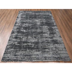 8'3"x10' Black with Ivory Modern Design Hand Loomed Wool and Silk Oriental Rug