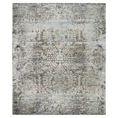 8'3 "x10' Tapis gris noué à la main en soie et laine à motifs de médaillons d'influence persane