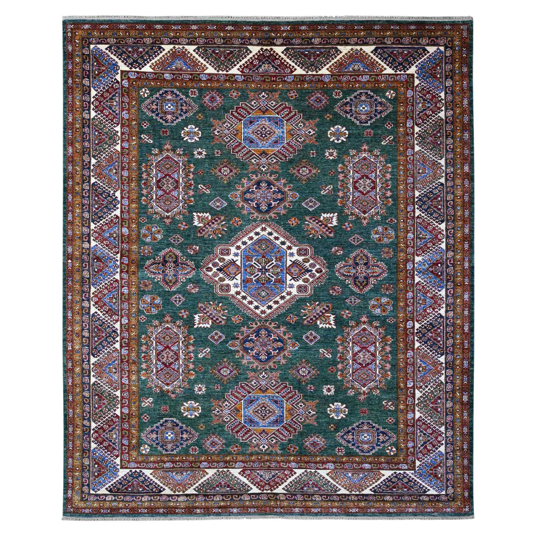 8'3 "x10' Grüner handgeknüpfter Super Kazak Stammeselemente Wolle Orientteppich