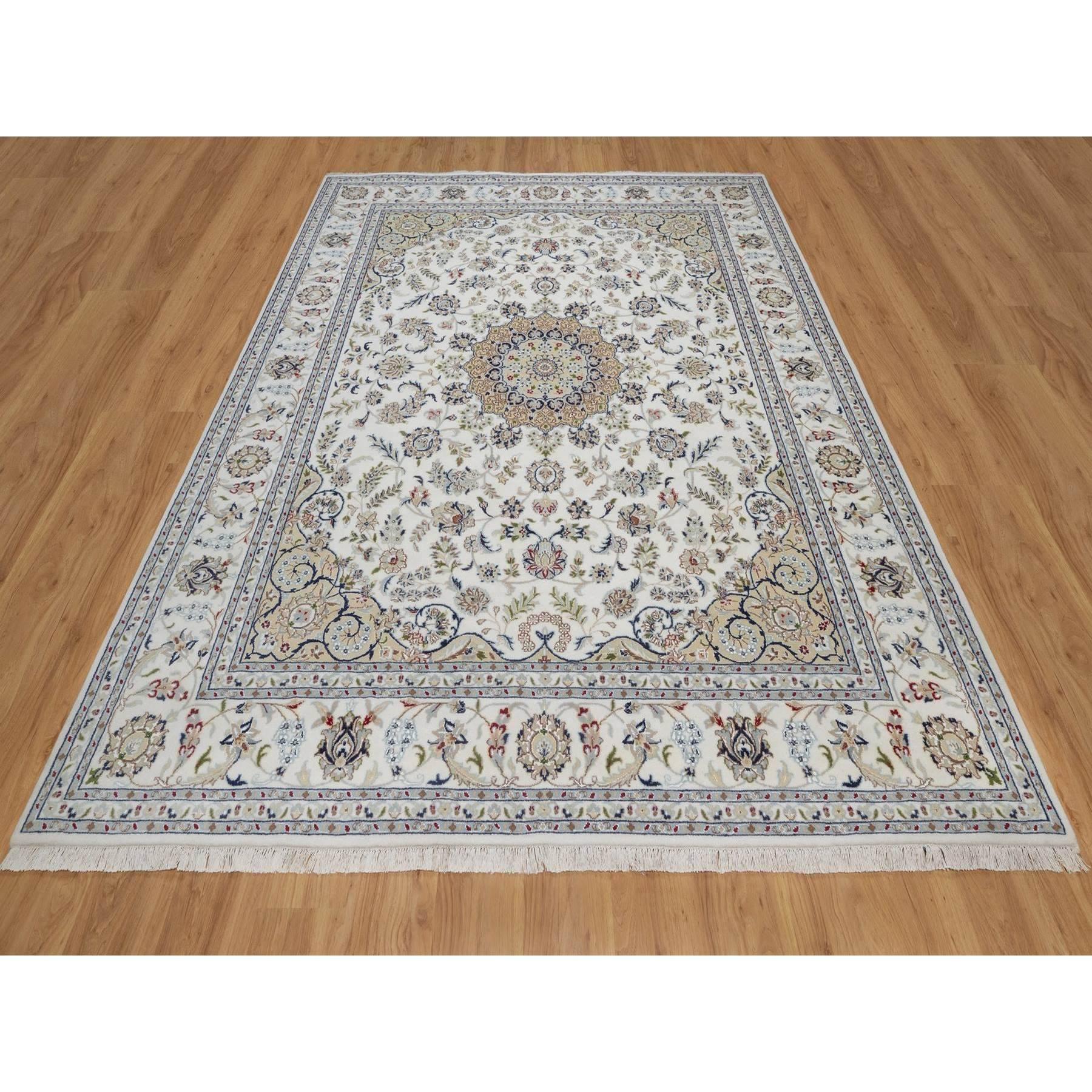 Porcelain White, Nain with Flower Medallion Design, Soft Pile, 250 KPSI, Wool and Silk, Hand Knotted, Oriental Rug
Primary materials: Wool & Silk
Latex: No Pile 
height: 0.25 Inches
Style: Traditional
Primary color: Ivory
Secondary colors: Red, Navy