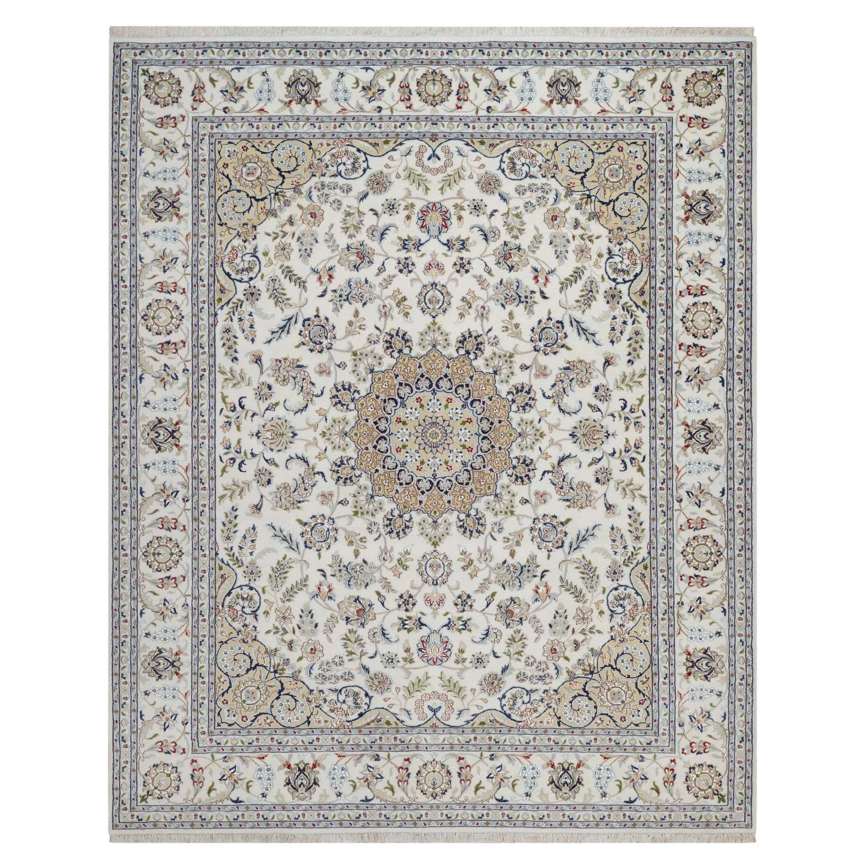 8
3"x10
 Ivory Nain with Medallion Design Wool 
Silk Hand Knotted Oriental Rug