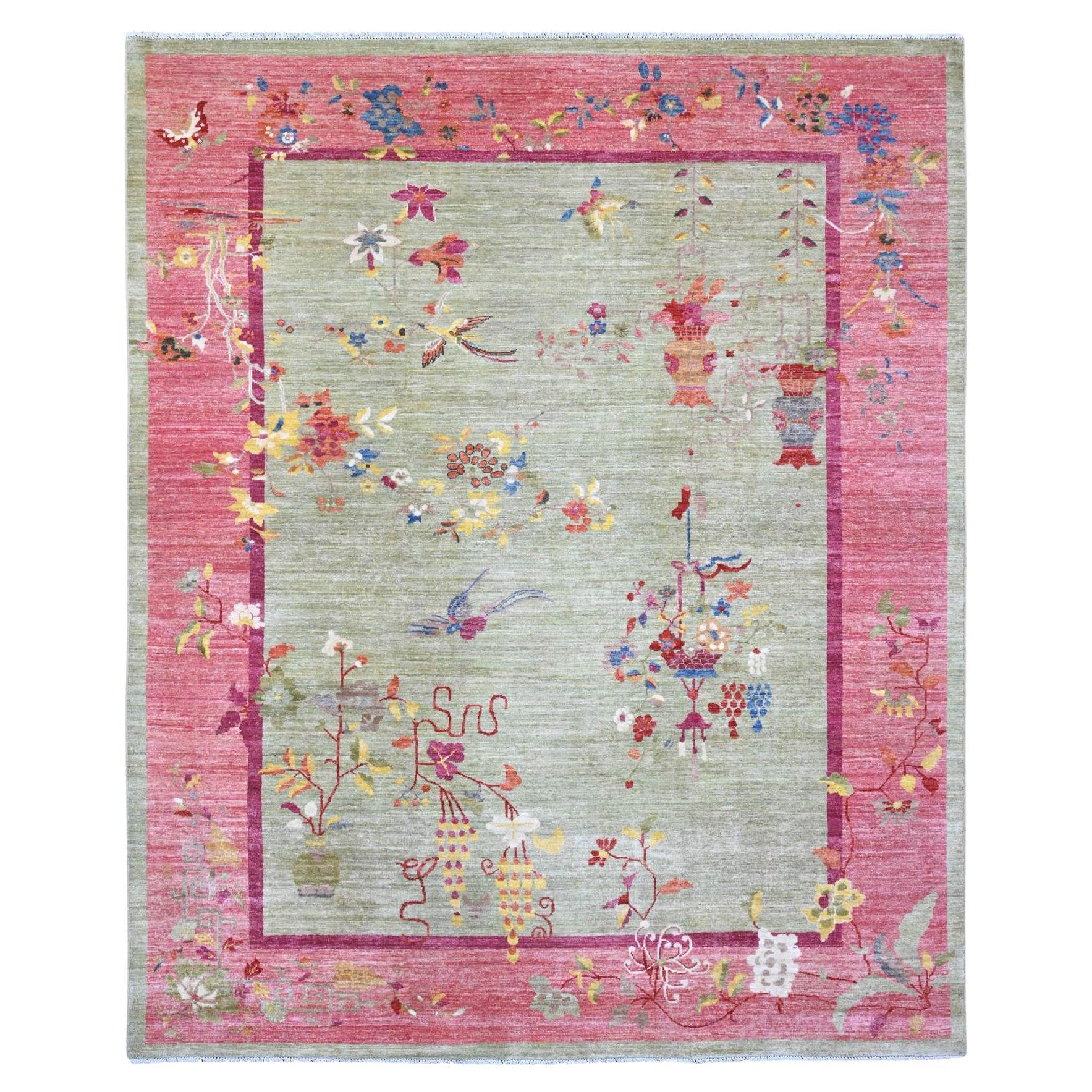 8'3 "x10' Laurel Green Chinese Art Deco Inspired Peshawar Hand Knots Rugs (tapis de laine noué à la main) en vente