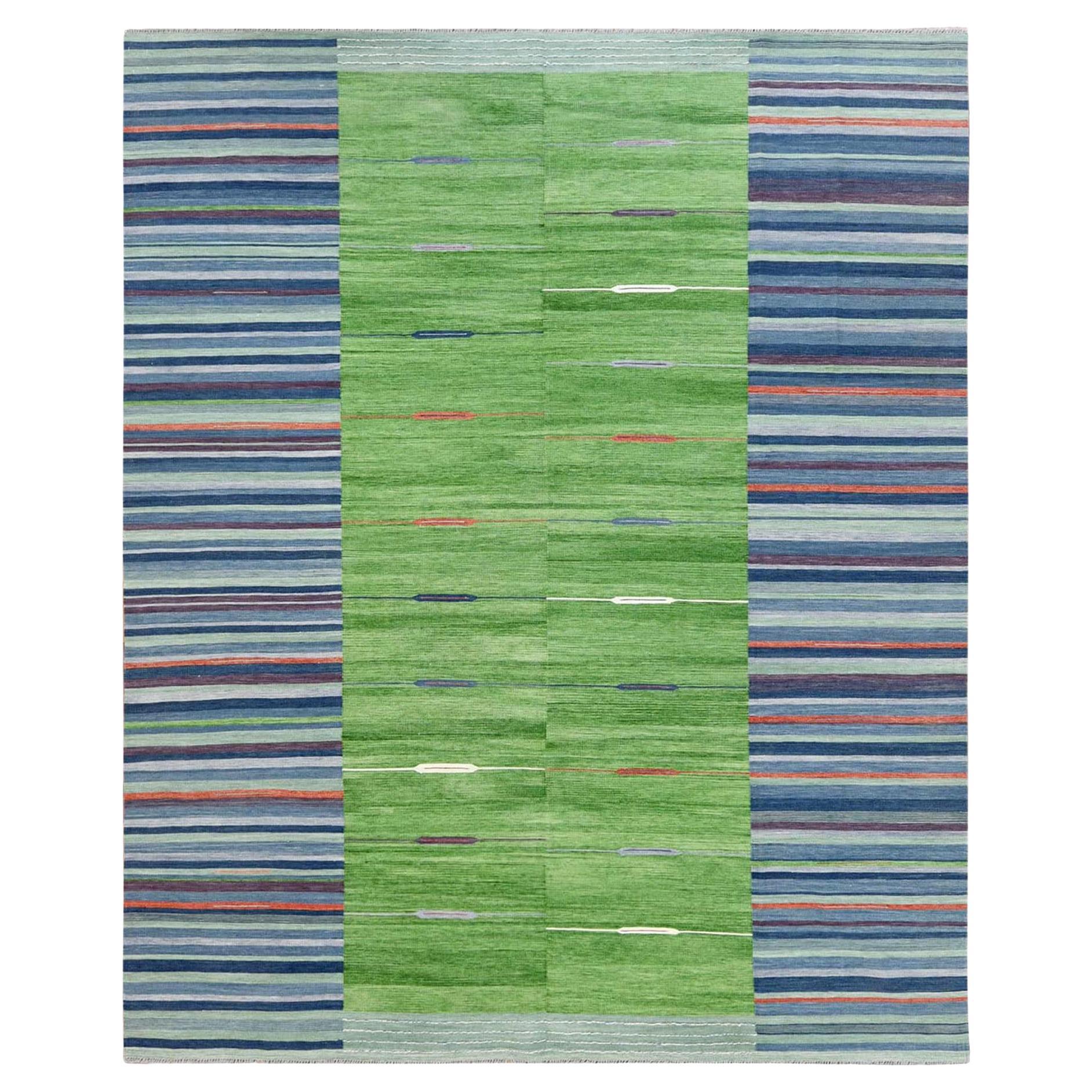 8
3"x10
1" Hand Woven Stripe Design Flat Weave Kilim Organic Wool Reversible Rug
